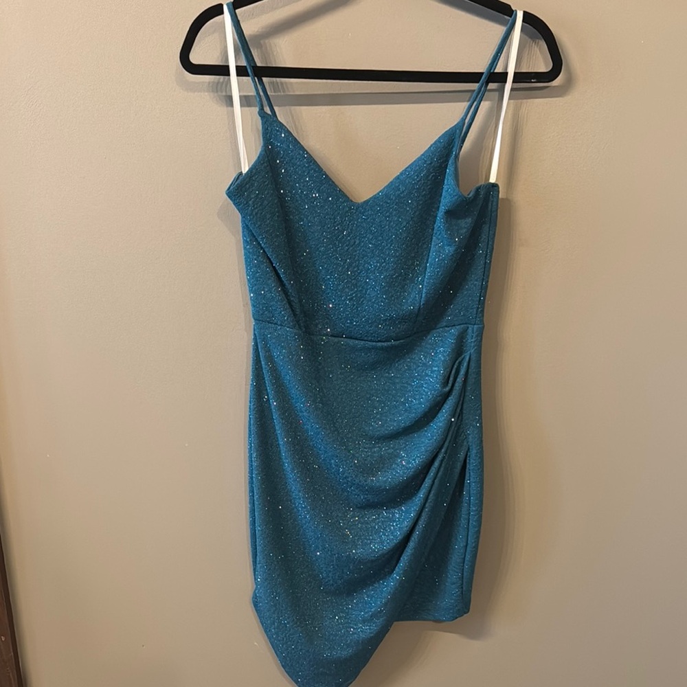 Windsor Blue Ruched Spaghetti Strap Mini Dress